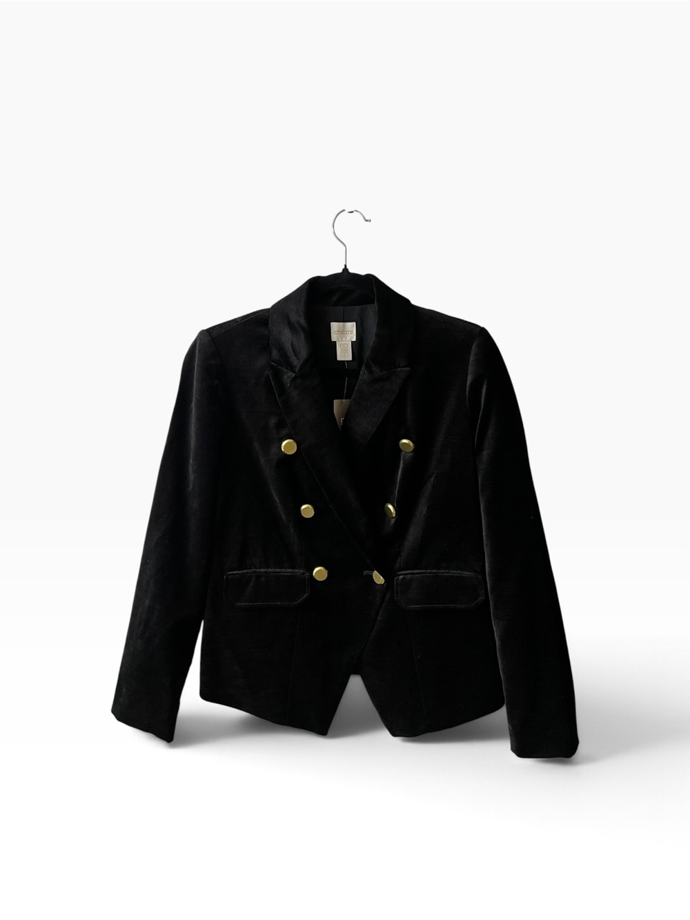 NWT, Chico's Black Velvet Double-Breasted Blazer with Gold Buttons, size 00